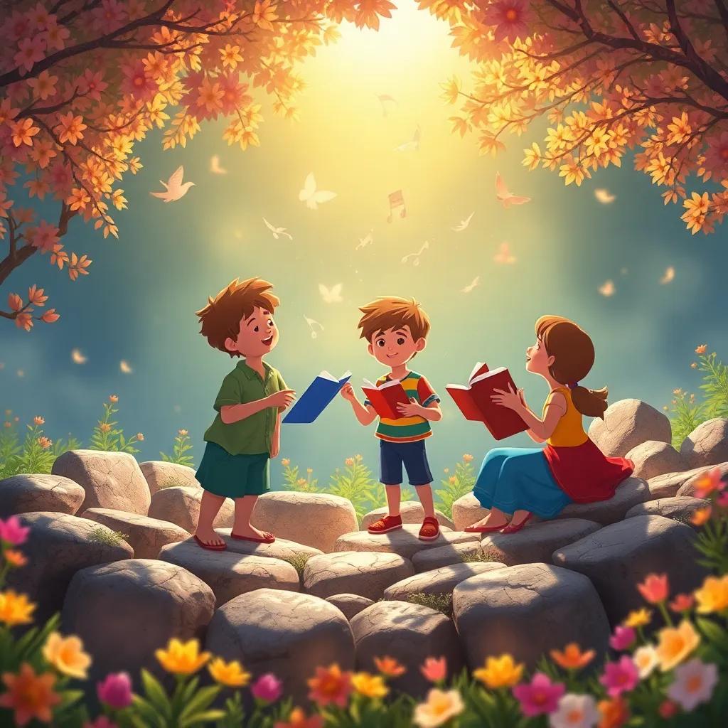 Los niños cantando juntos alrededor del círculo de piedras, con melodías mágicas flotando en el aire, el paisaje lleno de flora vibrante, en un momento de alegría y triunfo, - ilustración, melódica y feliz, llena de luz y vida.
