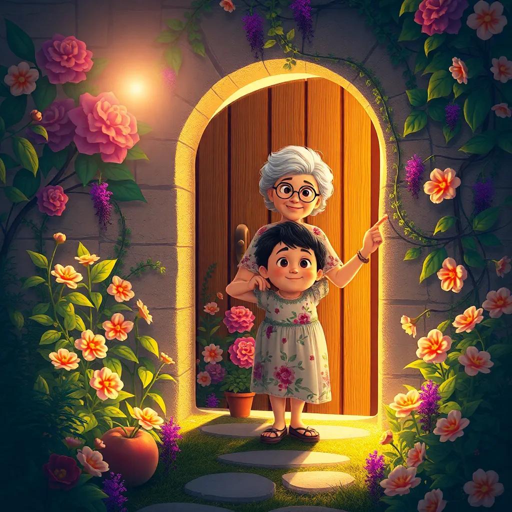 Pablo y su abuela, una mujer mayor con cabello canoso y un vestido floral, abriendo la puerta de un jardín secreto, rodeados de plantas y flores que brillan bajo la luz del sol, ilustración, mágica, eutópica, colorida