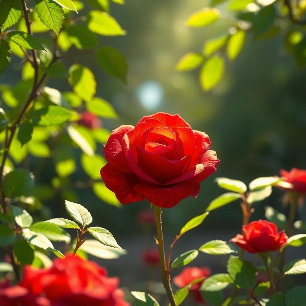 Una rosa roja en el jardín, hablando dulcemente a Pablo, con pétalos brillantes y hojas verdes vibrantes, iluminada por la luz del sol que se filtra entre las hojas, arte digital, encantadora, clara y alegre