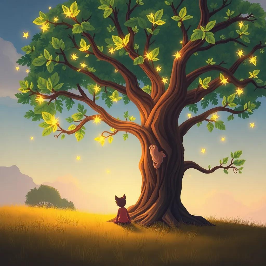 Un árbol sabio, con una gran copa y hojas brillantes, contando historias a Pablo, sus hojas brillando como estrellas en una tarde dorada, ilustración, cálido y acogedor, enriquecido