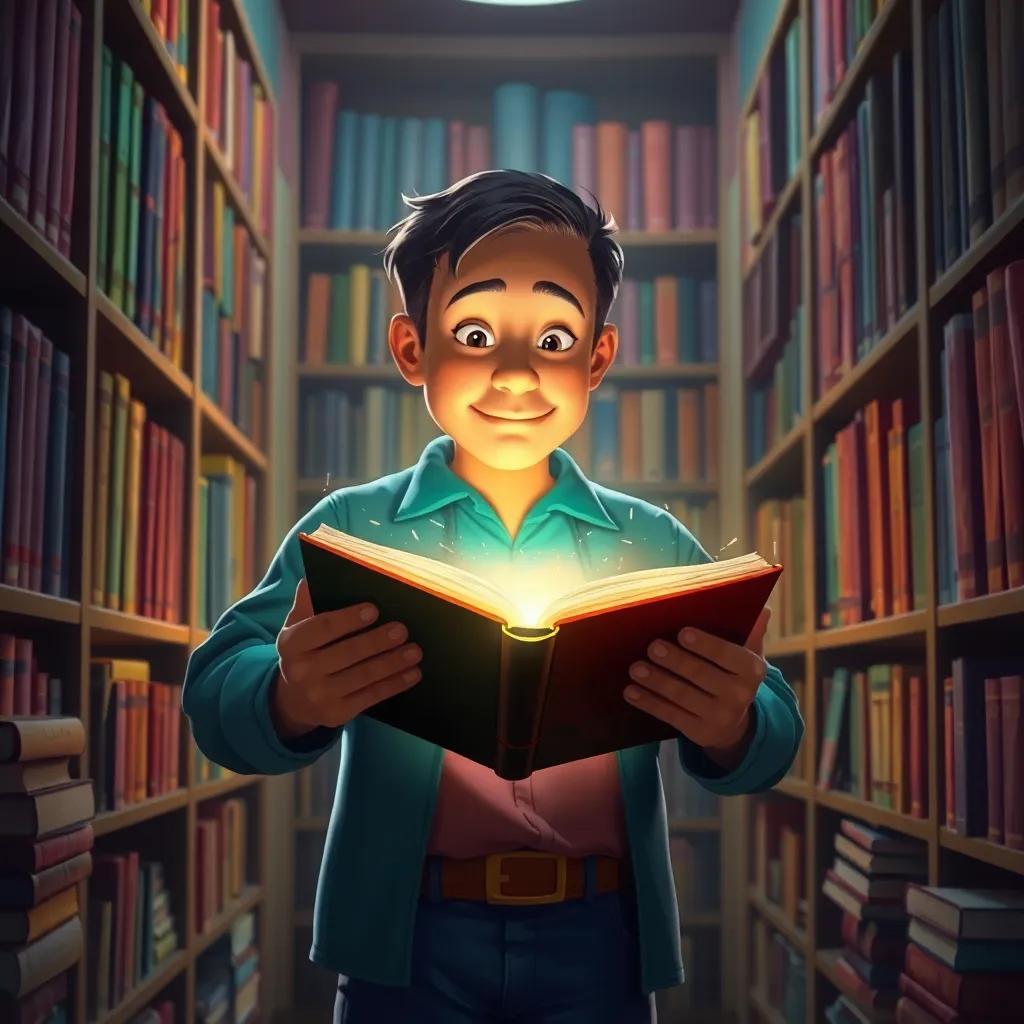 Tomás abriendo un libro dorado brillante en una biblioteca, con una luz mágica que emerge, rodeado de libros coloridos, digital painting, mágico, atractivo
