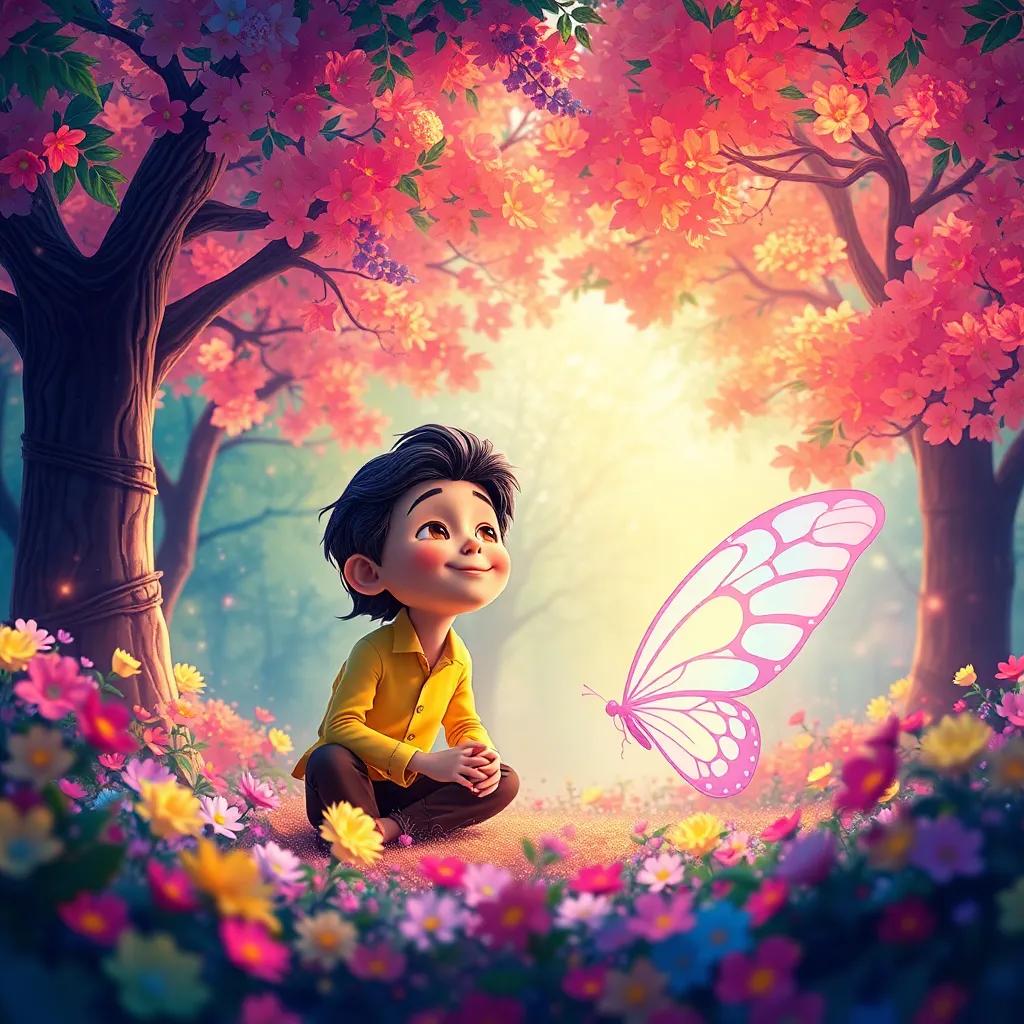 Lila, un hada pequeña con alas de mariposa, sonriendo a Tomás en un bosque mágico lleno de árboles de colores vibrantes, flores brillantes, digital art, espléndido, encantador