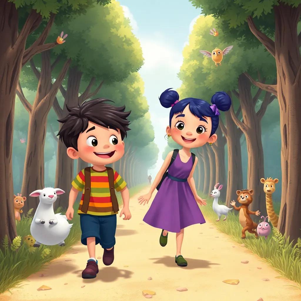 Tomás y Lila caminando por un sendero mágico entre árboles altos y curiosos animales, con risas y alegría en el aire, illustration, fantástica, amigable