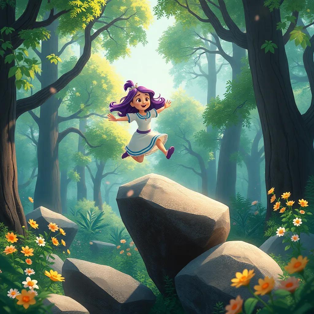 Tomás y Lila saltando de roca en roca, riendo juntos en un bosque encantado, árboles altos y flores brillantes alrededor, illustration, alegre, divertido