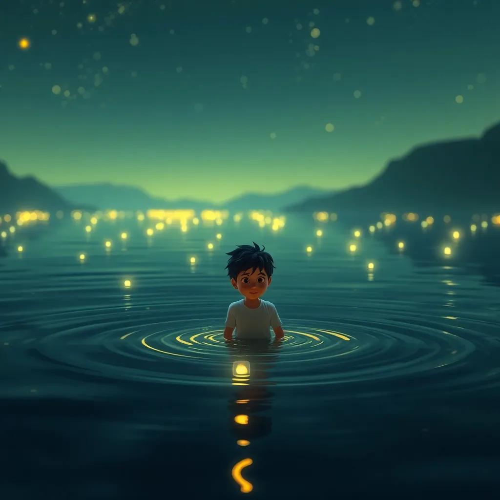 Tomás en un lago resplandeciente con luces doradas, buscando el tesoro escondido bajo el agua, digital art, hermoso, asombroso