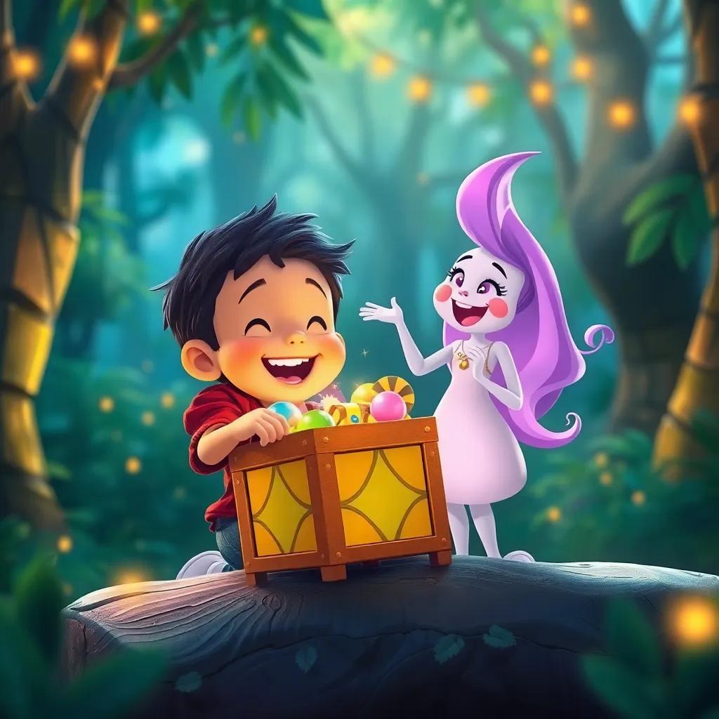 Tomás sosteniendo una caja dorada con joyas brillantes, con Lila alegre a su lado, celebrando en un bosque mágico, illustration, emocionante, vívido