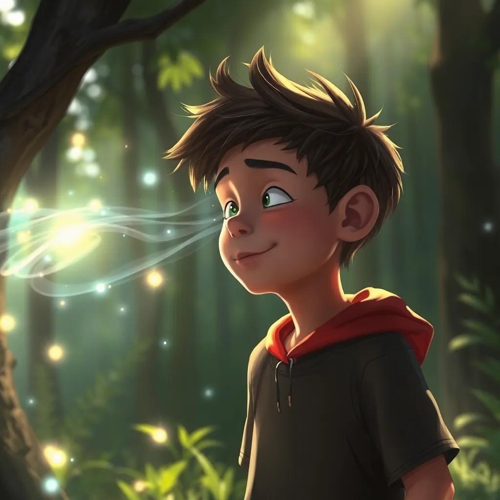 Tomás cerrando los ojos mientras es envuelto por el viento mágico en el bosque, luz brillante a su alrededor, digital painting, inspirador, soñador
