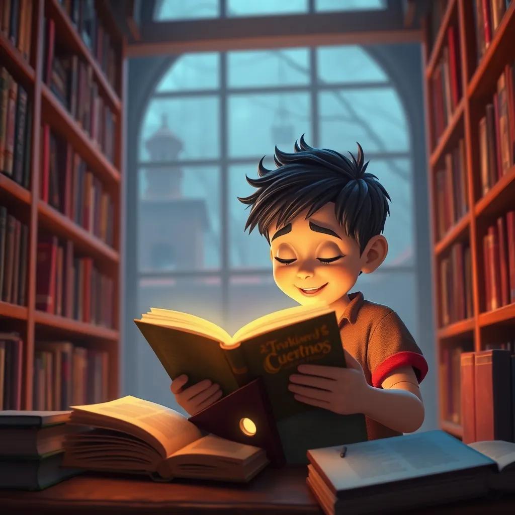 Tomás sonriendo y mirando el misterioso libro de cuentos en la biblioteca, con libros de aventuras en el fondo, digital art, cálido, alentador