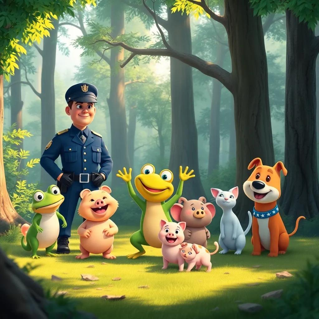 A serene forest scene with a variety of animals gathered together, including a Policeman in uniform, a jumping Frog, a Pig, a smaller Pig, a Cat, and a Dog, surrounded by trees and gentle sunlight, cheerful, friendly atmosphere, vibrant colors, high quality