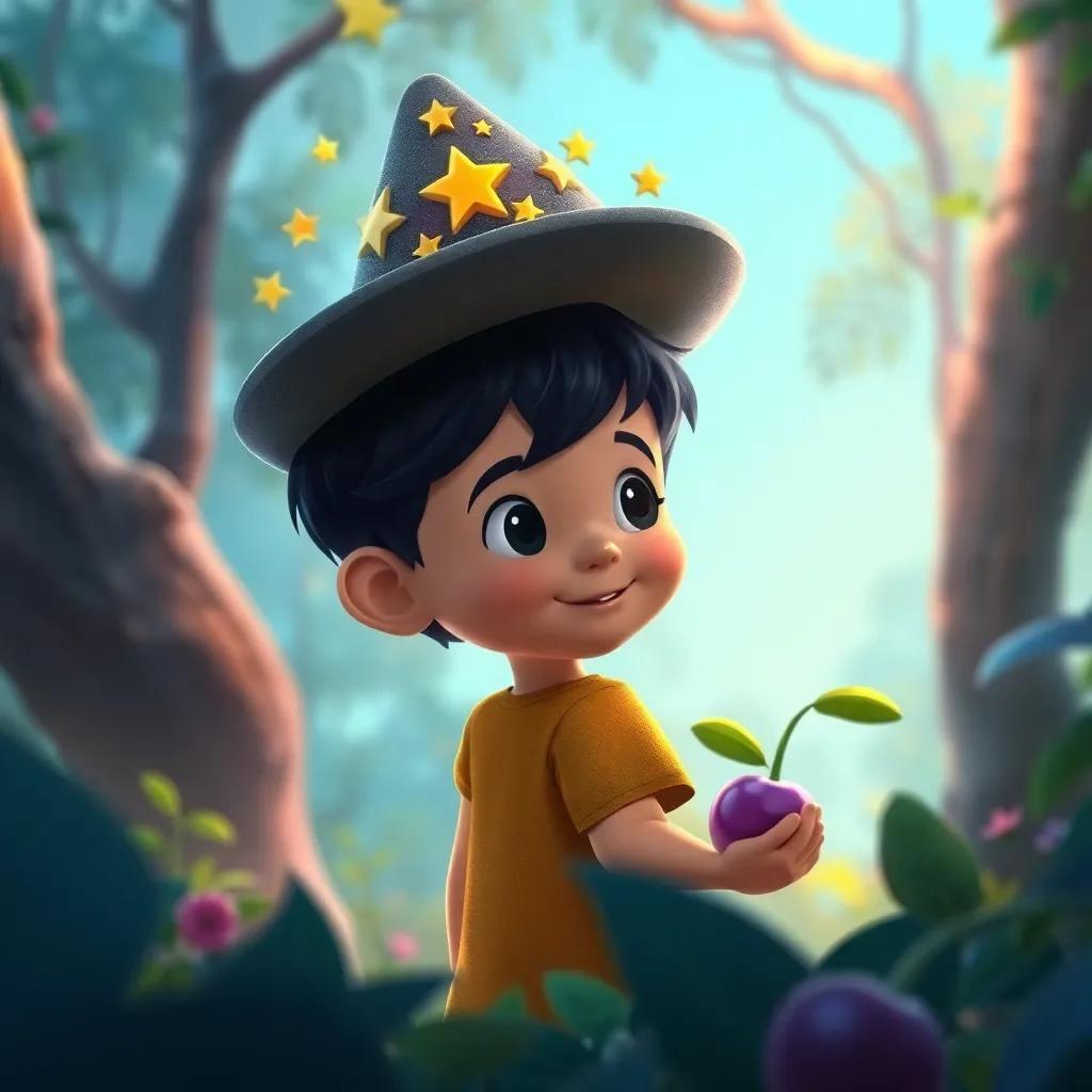 Un niño llamado Pablo, con cabello corto y oscuro, está en un bosque, mirando un gran sombrero de mago lleno de estrellas y una pluma. Digital art, bright colors, joyful atmosphere, high quality.