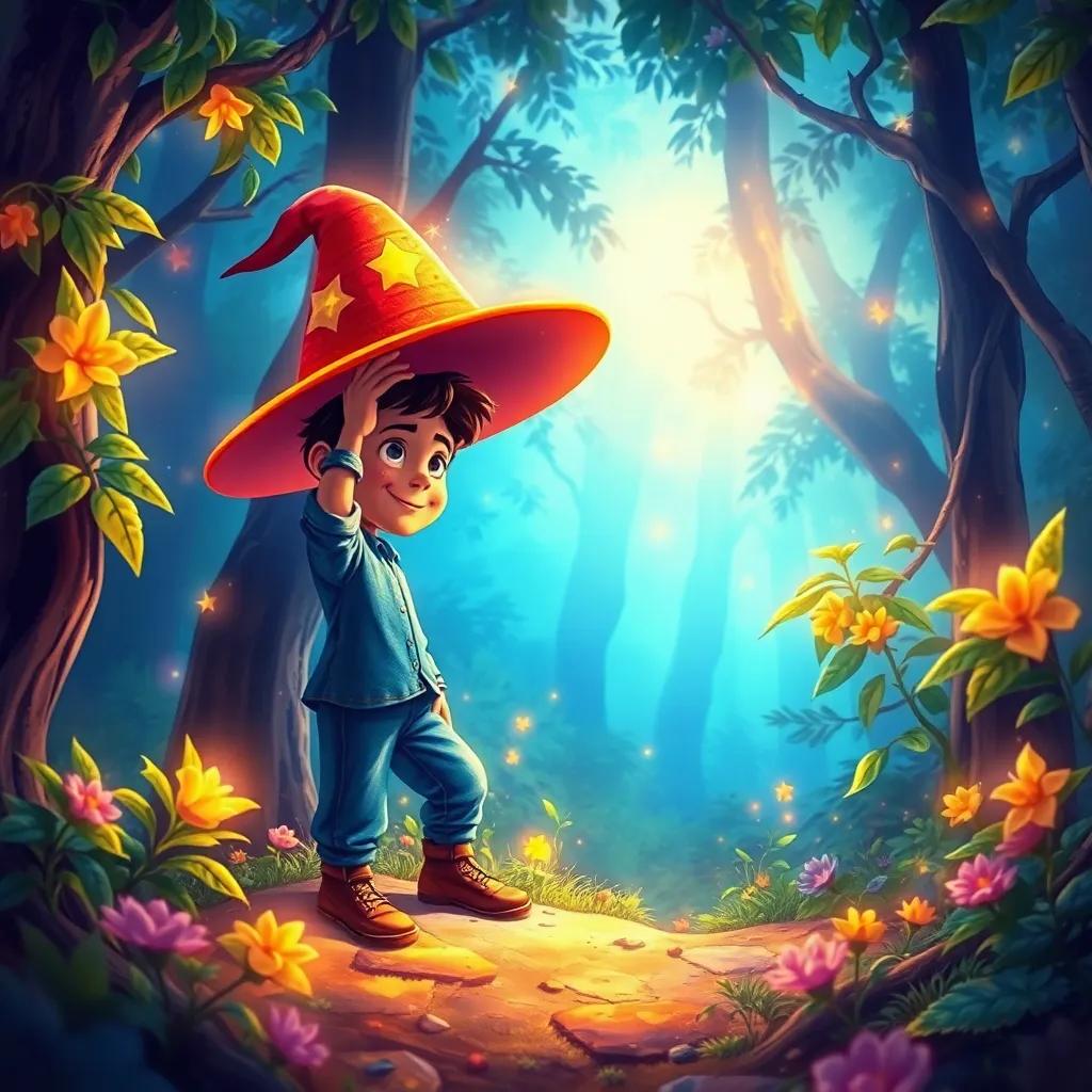 Pablo se pone el sombrero mágico, y a su alrededor, las hojas brillan y las flores cantan. El bosque se ilumina, creando un ambiente mágico. Digital painting, colorful, enchanting scene, high quality.