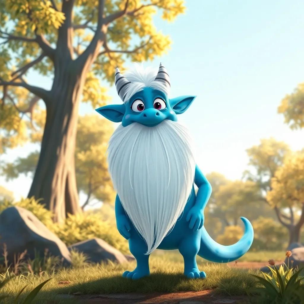 Un mago viejo, con una larga barba blanca y túnica azul, aparece en el bosque. Tiene una sonrisa amable y la mirada sabia, bajo un cielo claro. Illustration, friendly character design, warm lighting.