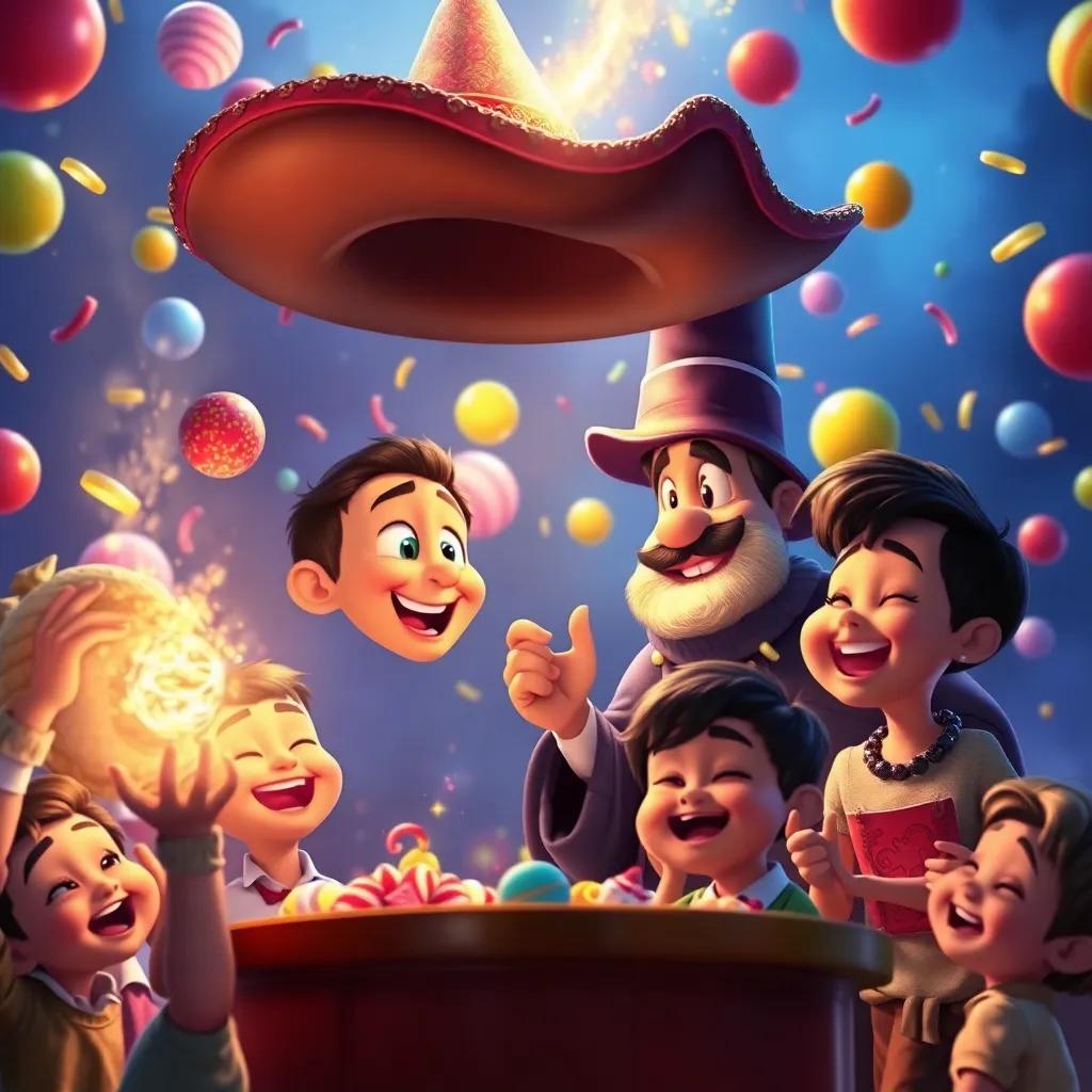 Pablo y el mago realizan trucos mágicos, llenando el aire con dulces y globos. Un grupo de niños ríen y disfrutan, mientras el sombrero brilla intensamente. Digital art, cheerful scene, festive atmosphere.