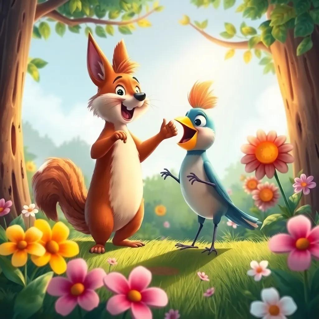 Animales del bosque se unen a la fiesta: un conejo saltarín y un pájaro cantando. Hay una gran alegría en el aire, rodeados de flores y árboles. Illustration, vibrant colors, lively scene, high quality.