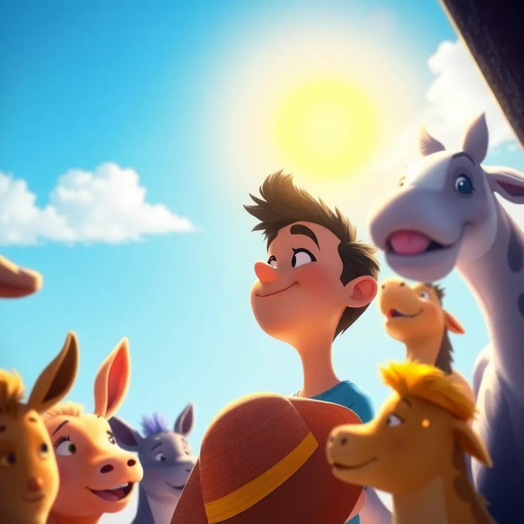 Pablo sonríe, mirando a su alrededor. Se siente feliz entre amigos y animales, con el sombrero cerca de él. El sol brilla y se siente calidez en el ambiente. Digital painting, uplifting mood, bright light.