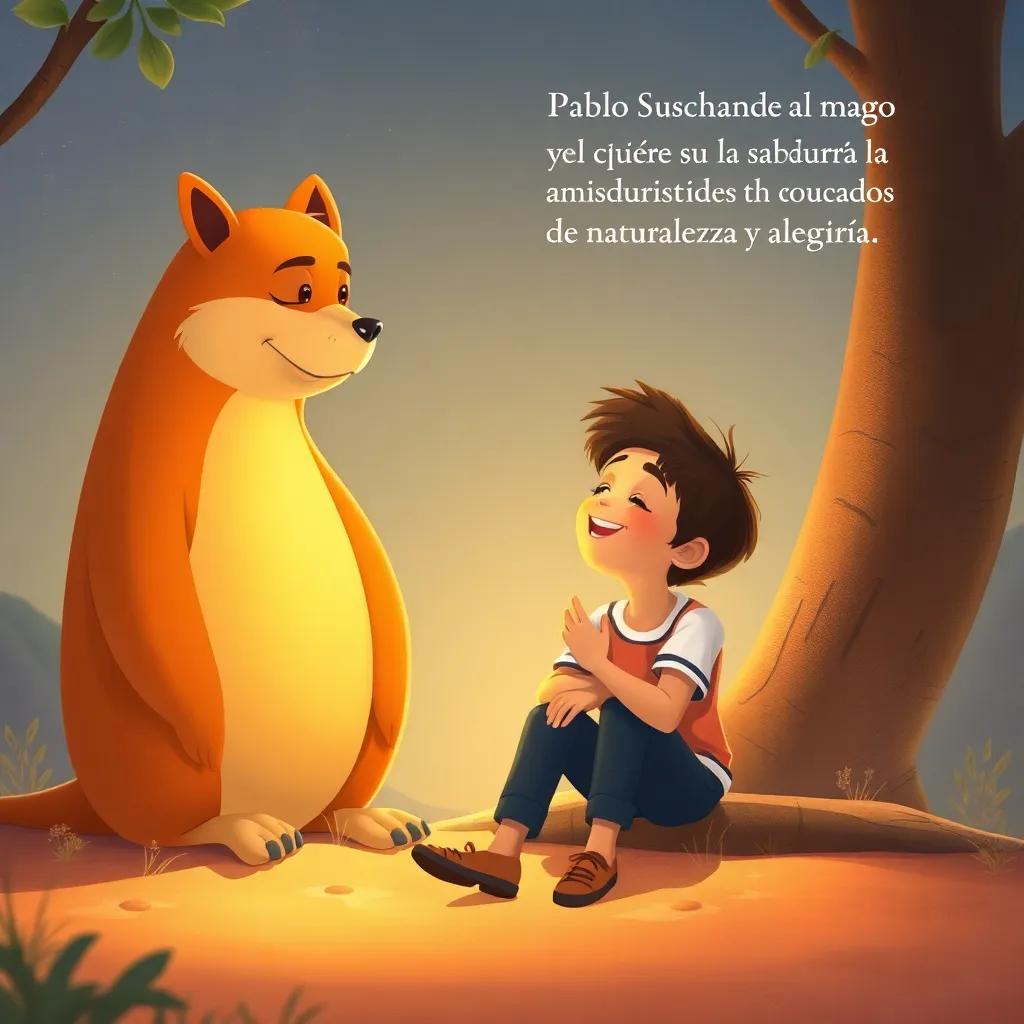 Pablo escuchando al mago, quien sonríe y comparte su sabiduría sobre la amistad, rodeados de naturaleza y alegría. Illustration, soft colors, warm, calm atmosphere.