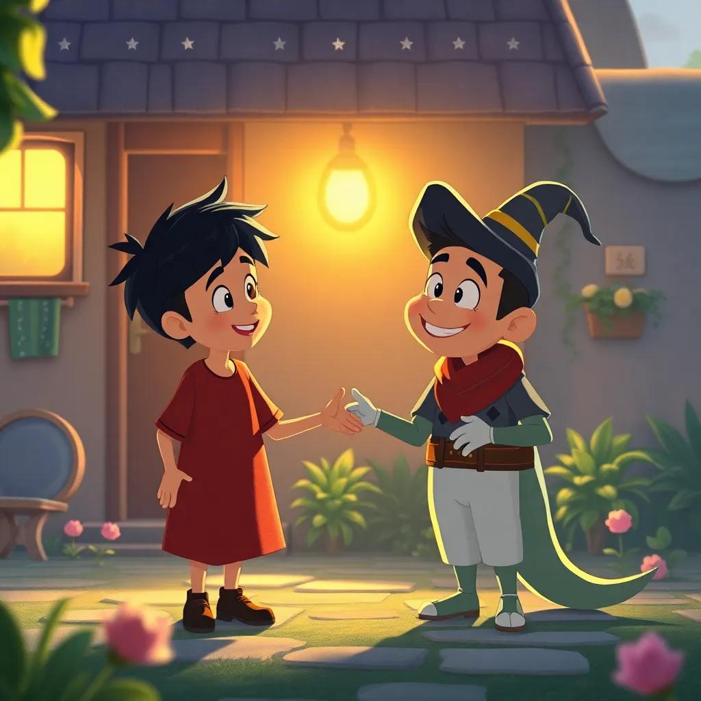 El día termina y Pablo regresa a casa, lleno de alegría y recuerdos. Se siente afortunado, mientras el mago se despide con una sonrisa. Digital art, heartwarming scene, gentle light.