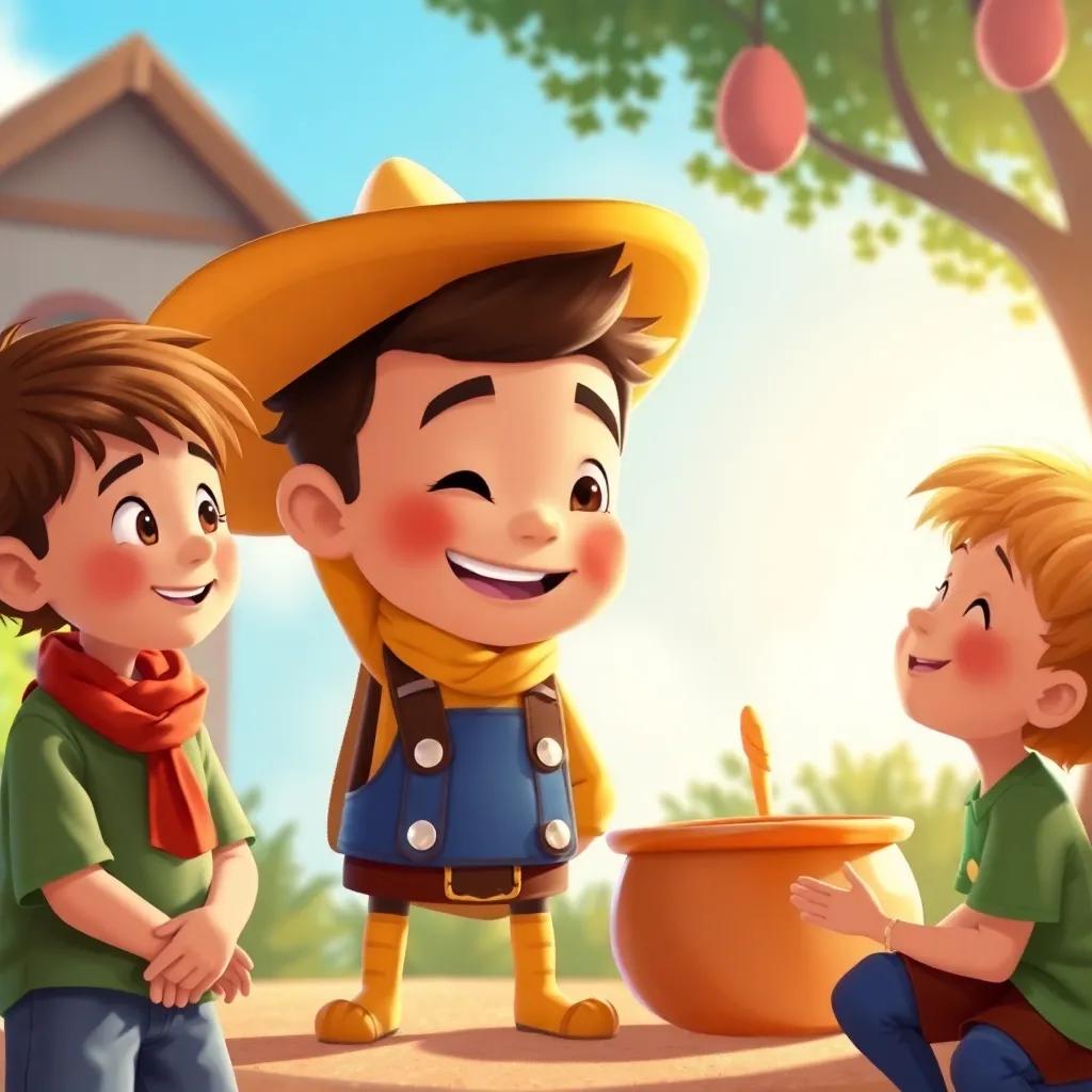 Pablo ayudando a un amigo y compartiendo momentos felices con otros niños, el sombrero del mago a su lado como un símbolo de alegría. Illustration, friendly scene, bright and cheerful.