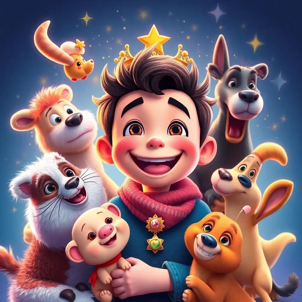 Pablo, feliz y sonriente, rodeado de amigos y animales, demostrando que la verdadera magia está en compartir y hacer felices a los demás. Digital art, colorful and joyful, high quality.
