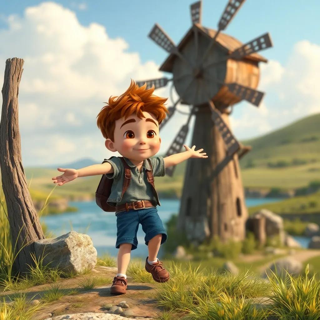 Un niño llamado Mateo, un niño de diez años, con cabello castaño, jugando cerca de un viejo molino de viento, un río al fondo, día soleado, arte digital, colores brillantes, pausa en la aventura, calidad alta