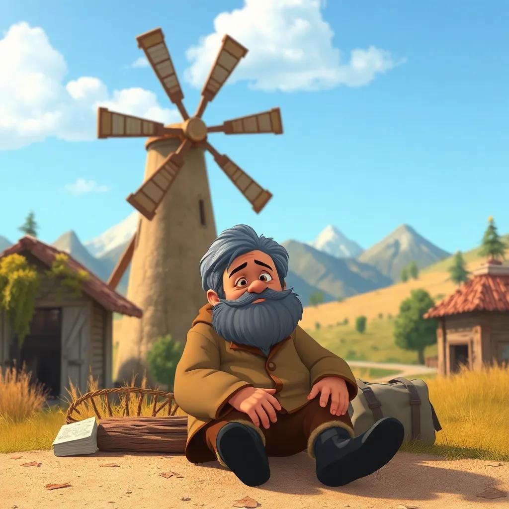 Un anciano llamado Don Joaquín, con cabello canoso y barba, sentado triste cerca del molino de viento, con árboles y montañas de fondo, ilustración encantadora, colores suaves, sentimiento nostálgico, alta calidad