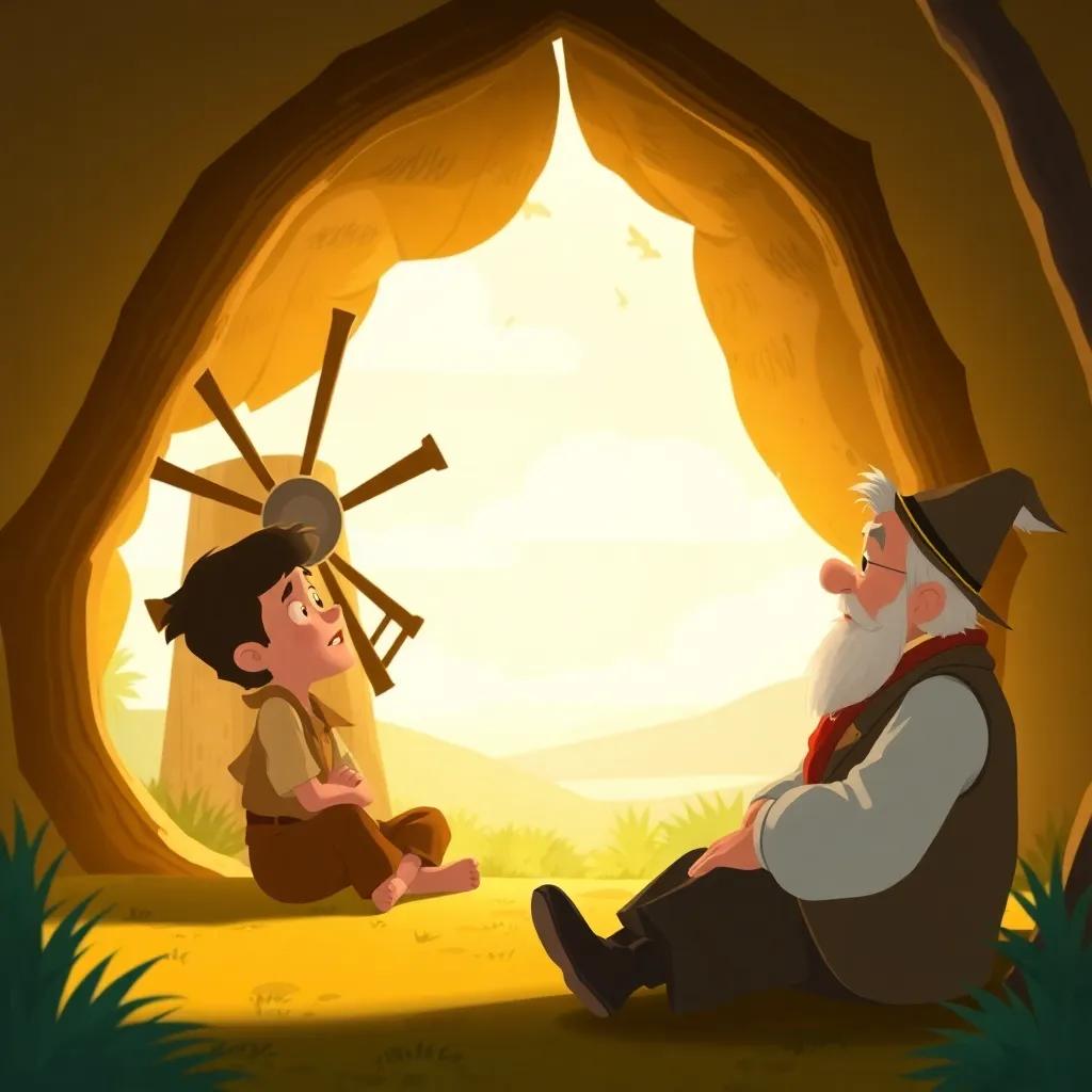 Mateo acercándose a Don Joaquín, ambos sentados cerca del viejo molino de viento, el anciano explicando la historia, ambiente acogedor, luz cálida, ilustración infantil, alta calidad