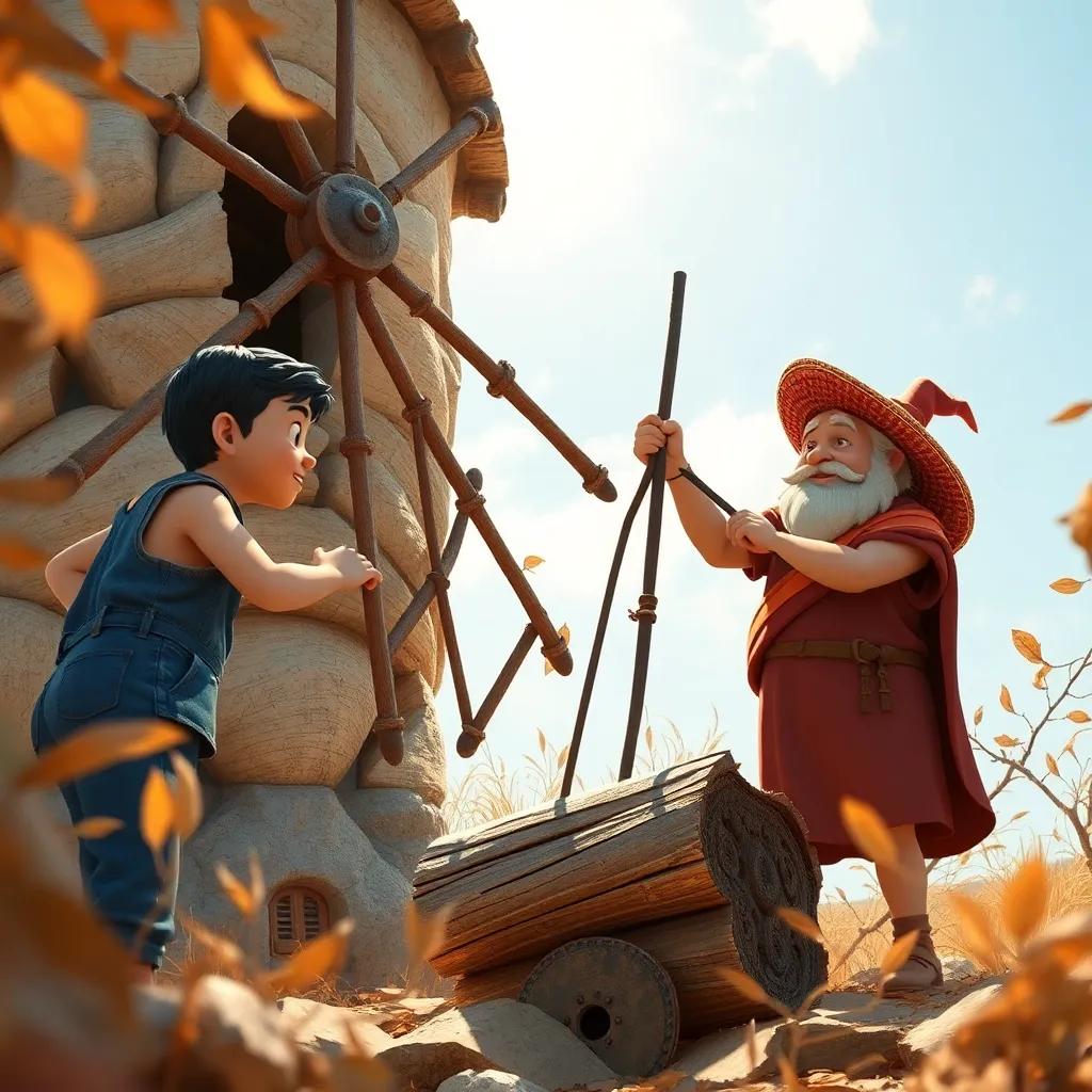 Mateo y Don Joaquín limpiando el molino de viento, rodeados de hojas secas, reconectando con la historia, divertido e informativo, arte vibrante, perspectiva fresca, alta calidad