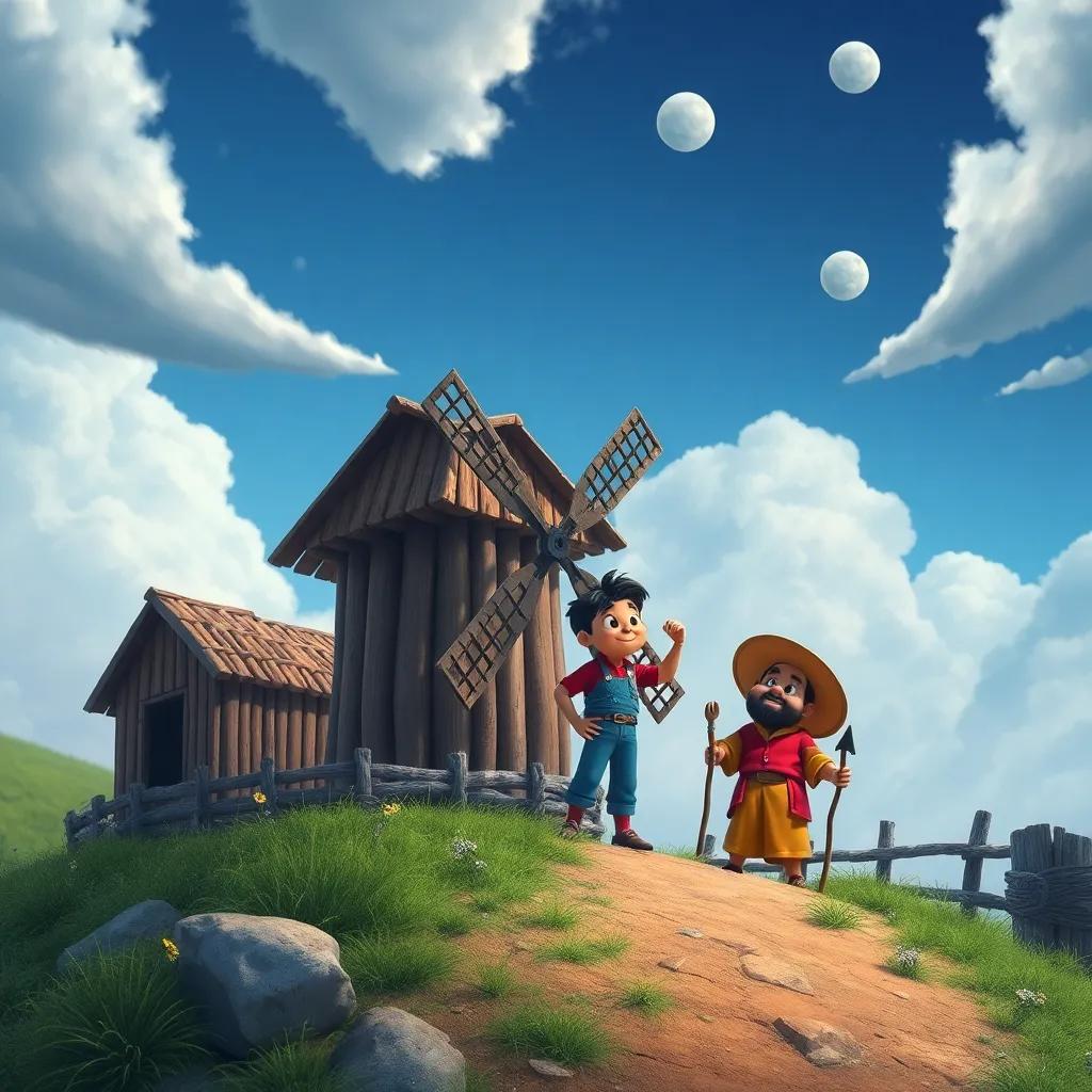 Un día ventoso con Mateo y Don Joaquín listos para probar el molino, viento soplando y nubes en el cielo, fondo dinámico, arte juguetón y colorido, alta calidad