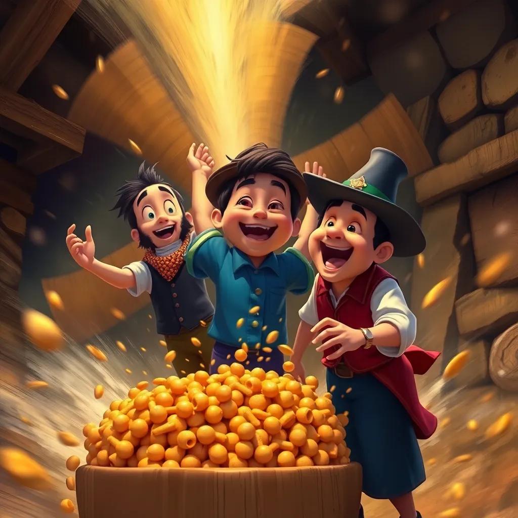 Las aspas del molino girando rápido, Mateo gritando de alegría y Don Joaquín sonriendo, exhibiendo un momento de triunfo, colores intensos, arte expresivo, alta calidad