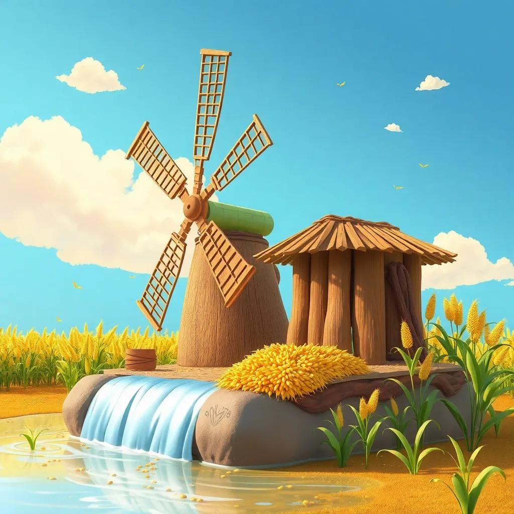 El molino de viento trabajando, moliendo trigo, con nubes de alegría alrededor, una escena animada y vibrante, ilustración juvenil, colores alegres, alta calidad