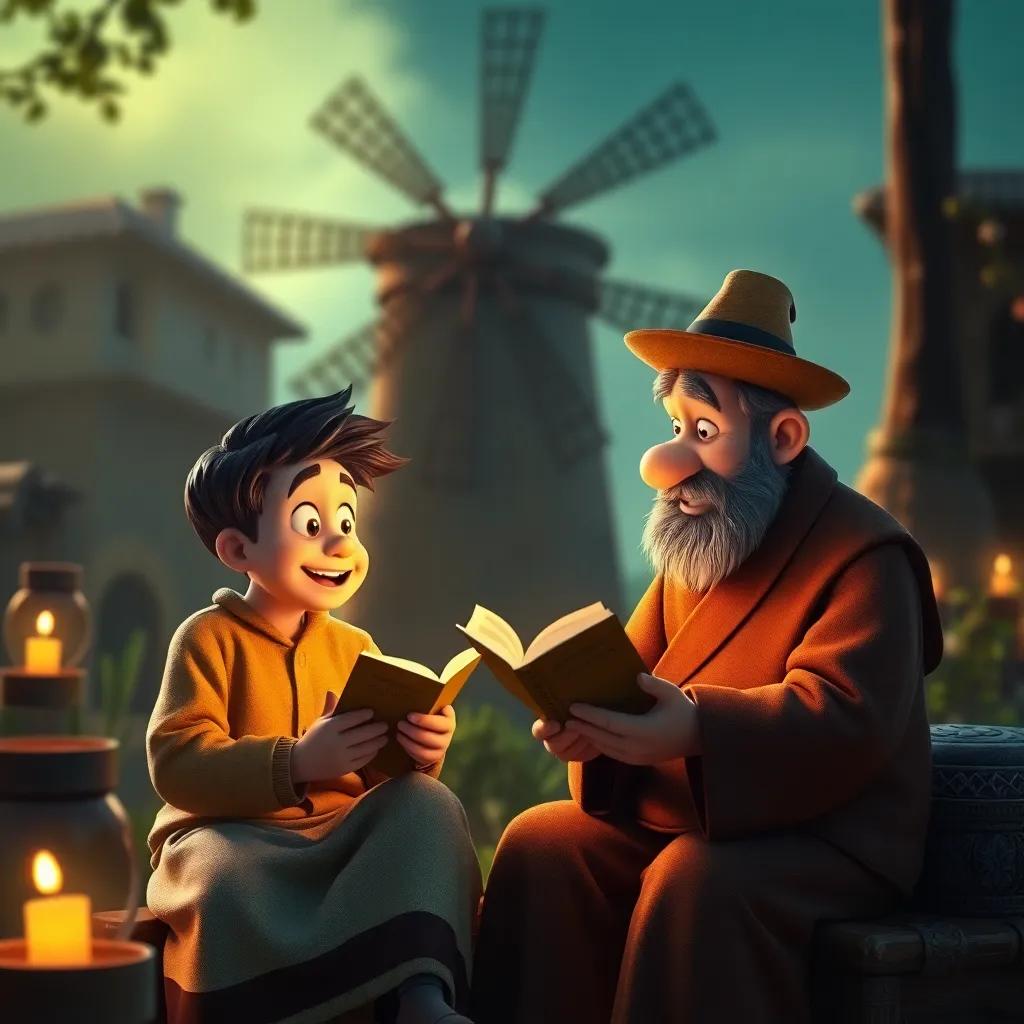 Mateo y Don Joaquín contando historias juntos, en un entorno acogedor, el molino girando en el fondo, luz suave y cálida, arte emocional, alta calidad