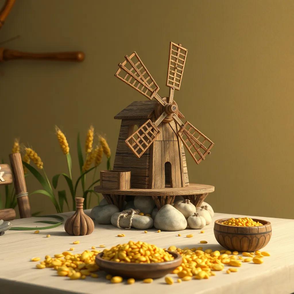 Un móvile del molino de viento en una mesa, mostrando el trigo molido, conectando la historia con el presente, arte detallado, colores cálidos, alta calidad