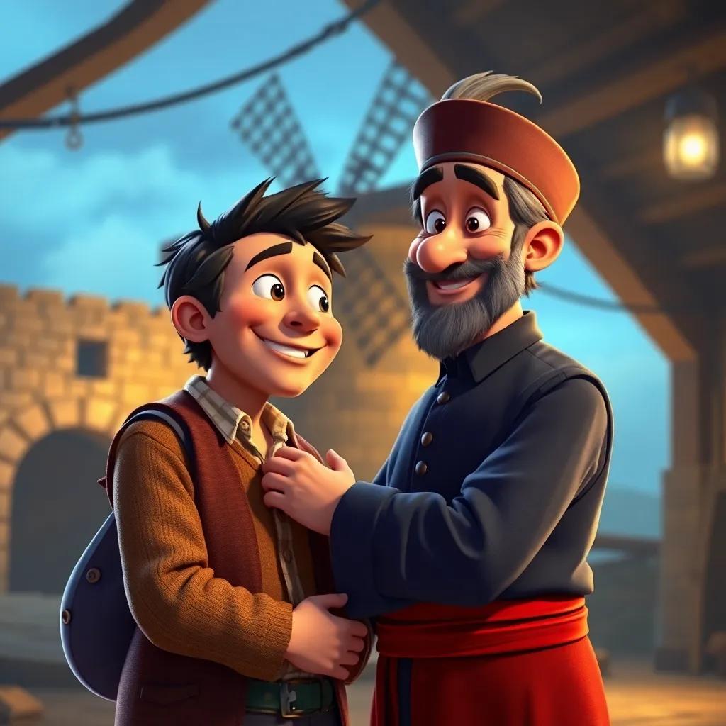 Mateo visitando a Don Joaquín con una sonrisa, ambos abrazándose en un ambiente amigable, un gran futuro juntos en la historia del molino, arte suave, colores envolventes, alta calidad