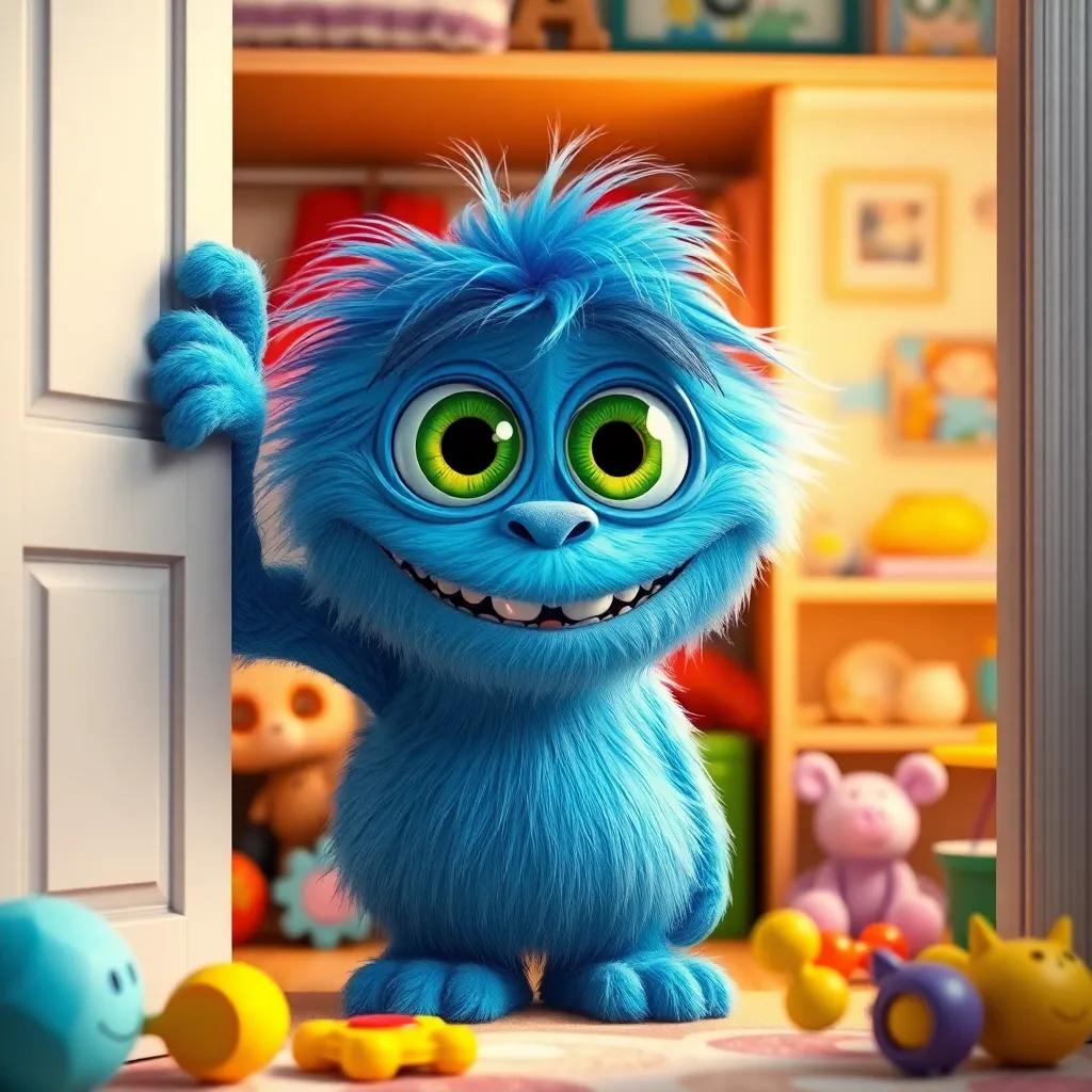 A friendly blue monster named Max with large green eyes and soft fur, peeking out of a closet in a child's room, colorful toys scattered around, digital art, cheerful and inviting, warm light, child-friendly, high quality