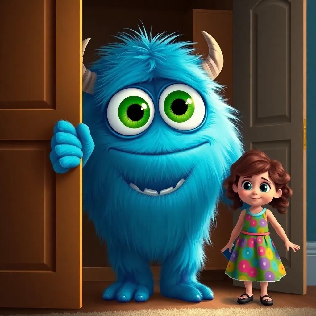Max, the friendly monster with large green eyes and soft blue fur, stepping out of his closet, looking nervous yet hopeful. A little girl named Sofía, with curly brown hair and a colorful dress, watching him with wide eyes, detailed illustration, friendly atmosphere, bright colors, high quality