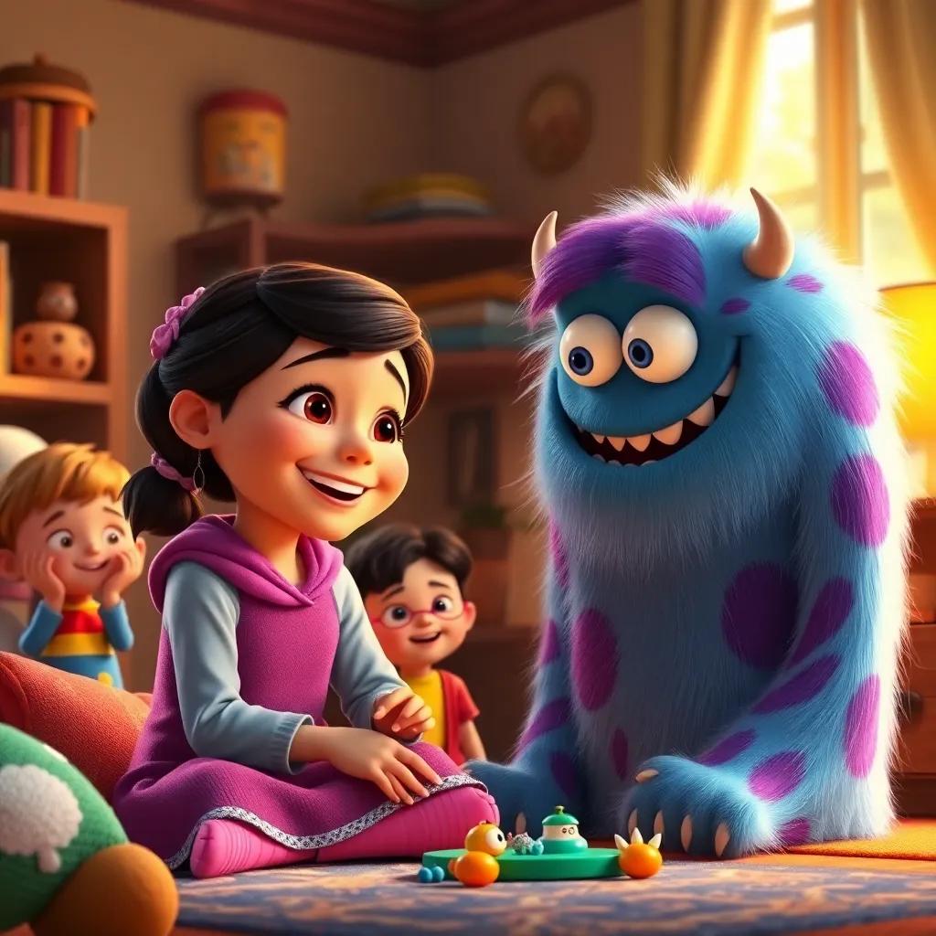 Sofía talking to Max the monster, both laughing and playing a game together in a cozy room. Other children peeking in, looking curious and happy, warm lighting, vibrant colors, child-friendly, high quality