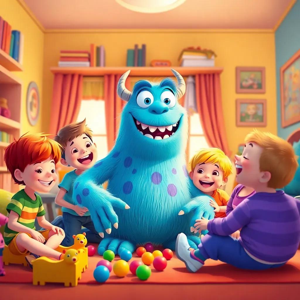 Max the friendly monster, surrounded by happy children, playing games in the room. Laughter fills the air as they all enjoy their time together, joyful expressions, colorful room, fantasy illustration, vivid colors, inviting atmosphere, high quality