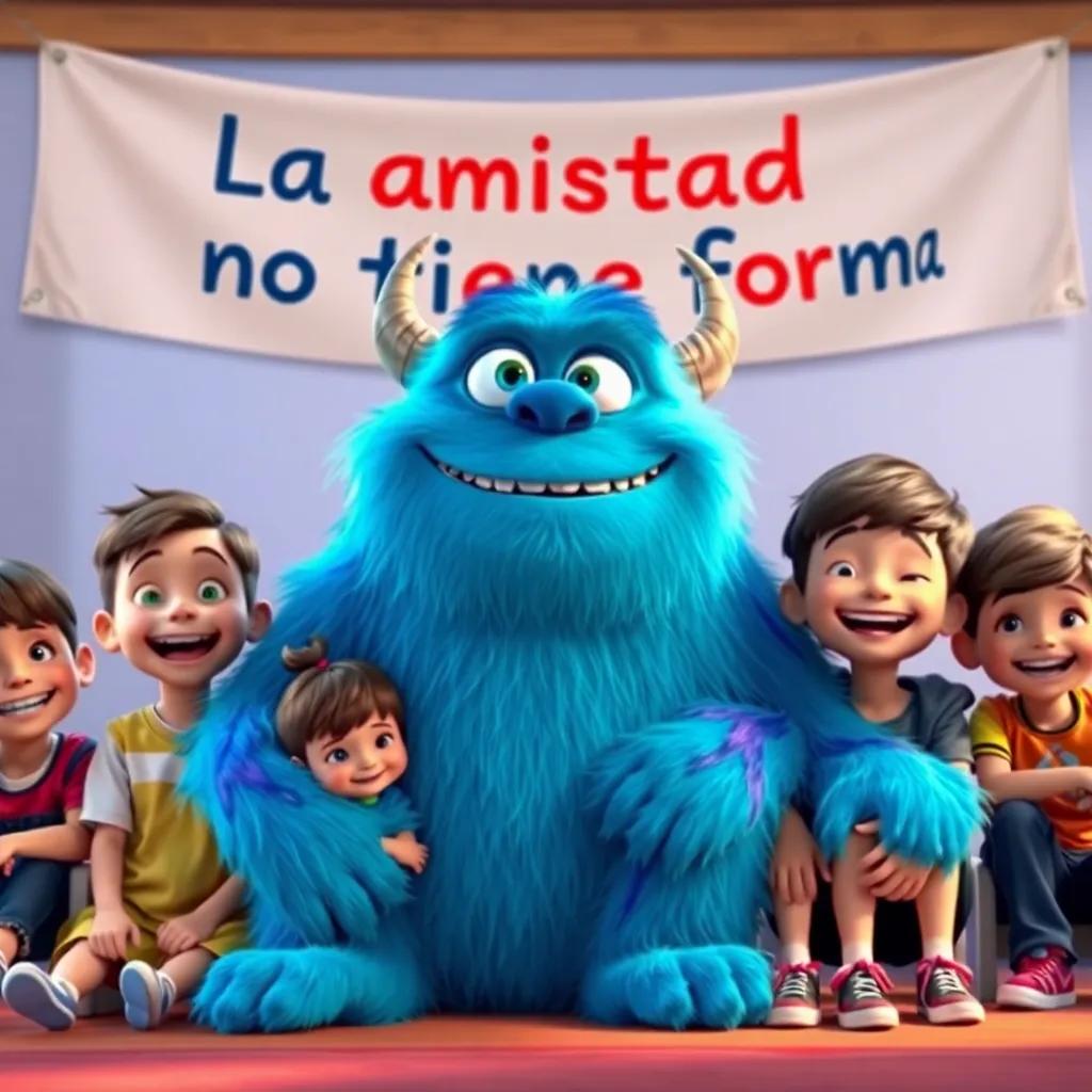 Max, the friendly blue monster, with the children sitting together, smiling widely. A banner with the words 'La amistad no tiene forma' hangs behind them, colorful and cheerful setting, uplifting mood, warm light, high quality