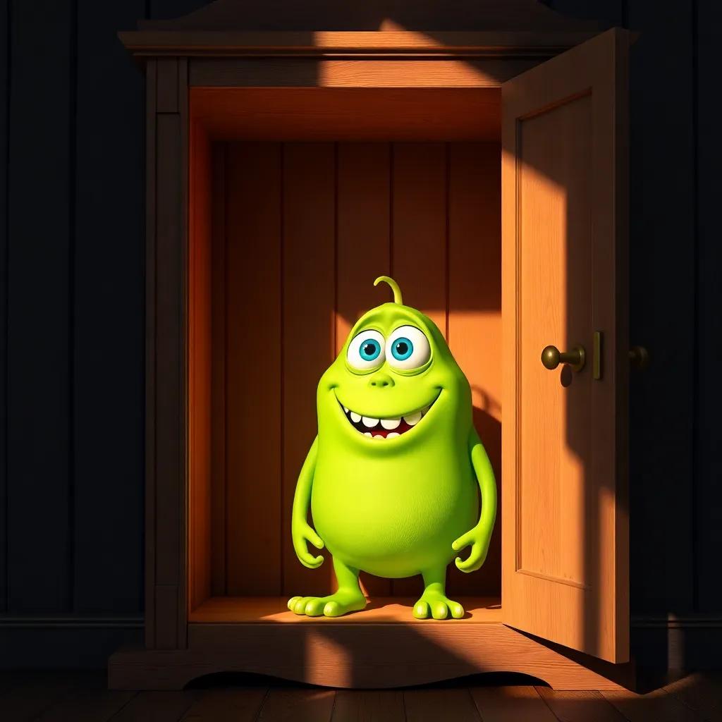 A large, old wardrobe with a slightly open door, casting shadows, inside of the wardrobe is Max, a friendly green monster with bright blue eyes and a big smile, waiting for a friend, warm light, inviting atmosphere, digital art, detailed, cheerful
