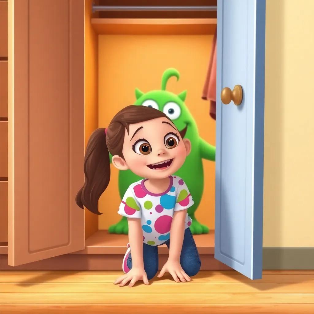 Lucía, a curious young girl, with brown hair in a ponytail, wearing a colorful t-shirt and jeans, kneeling in front of the open wardrobe, looking excited and surprised, the friendly monster Max smiling inside, bright colors, child-friendly, illustration