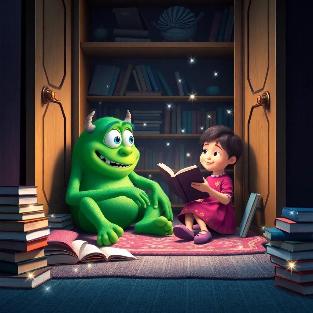 Max the green monster sitting on the floor of the wardrobe surrounded by books, telling stories to Lucía, with magical sparkles around them representing imagination, capturing joy and friendship, vibrant colors, high quality, heartwarming