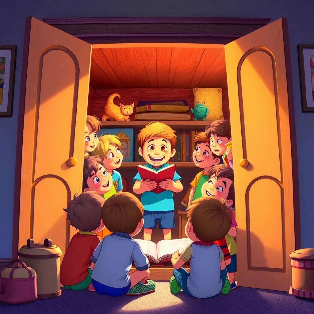 A group of children gathered around the open wardrobe, smiling and laughing as they listen to Max telling stories, bright colors and warm light, showing the fun atmosphere, detailed, joyful scene, illustration