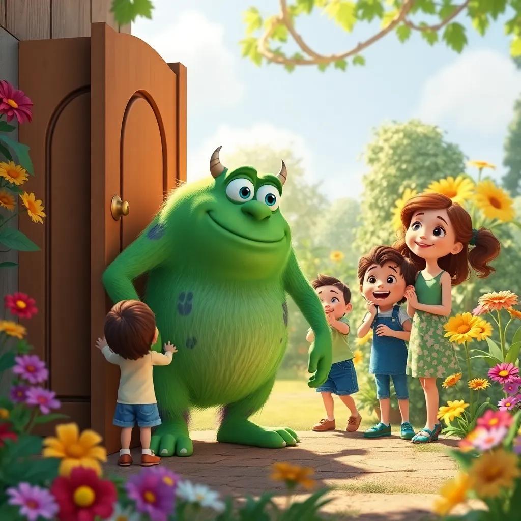Max, the green monster standing outside the wardrobe with Lucía and other children happily playing together in the garden, showcasing the beauty of friendship, colorful flowers and a sunny day, cheerful, inviting, digital art
