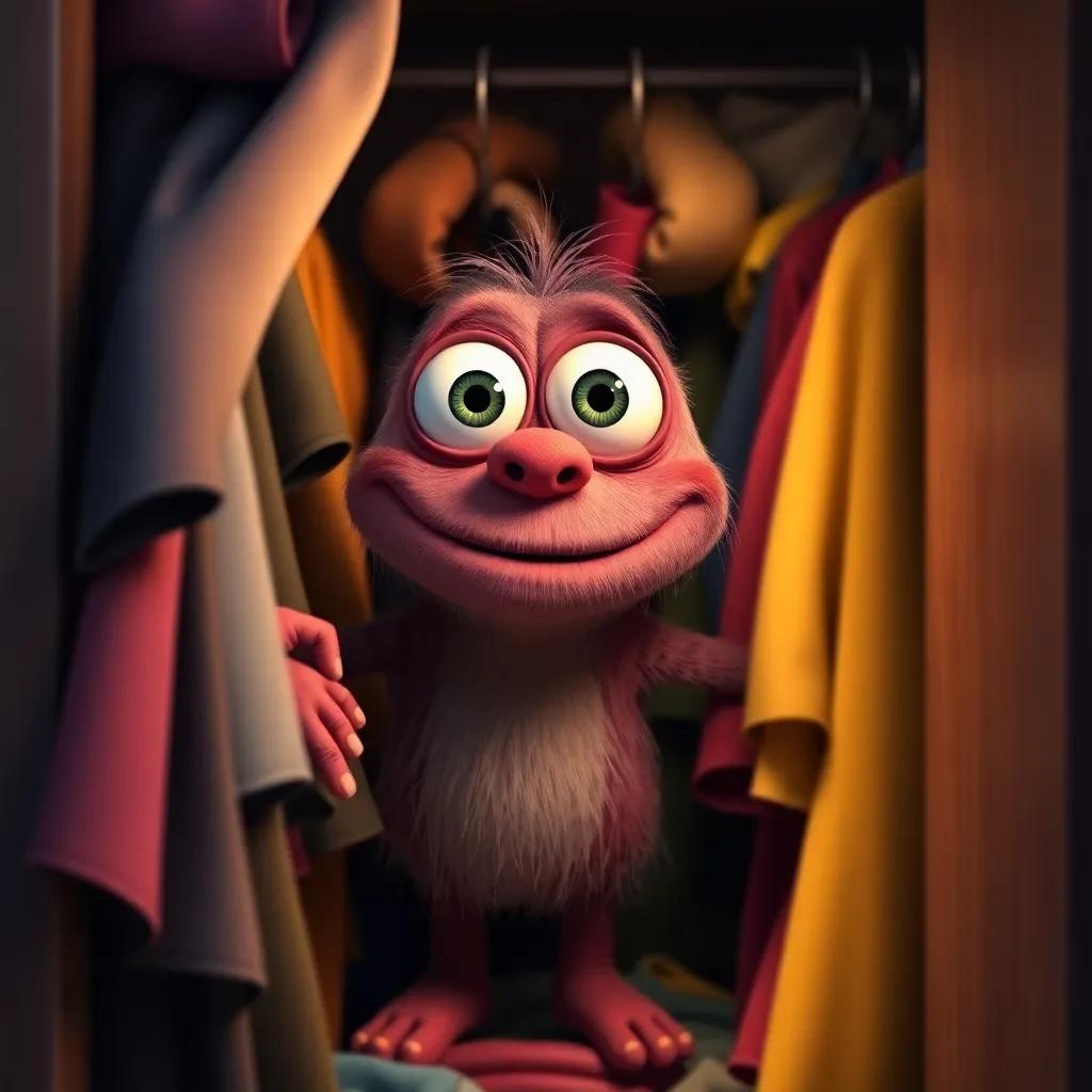 A friendly monster named Bruno, with big eyes and a warm smile, peeking out from a dark closet filled with colorful clothes, soft lighting, warm colors, inviting atmosphere, whimsical digital art, high quality