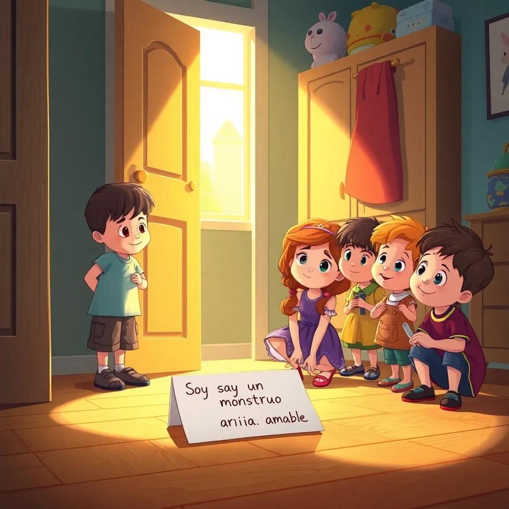 A group of curious children, including a brave girl named Sofia with pigtails, looking at a note that says 'Soy un monstruo amable' on the floor by the closet, warm light coming from the window, cheerful scene, illustration, magical