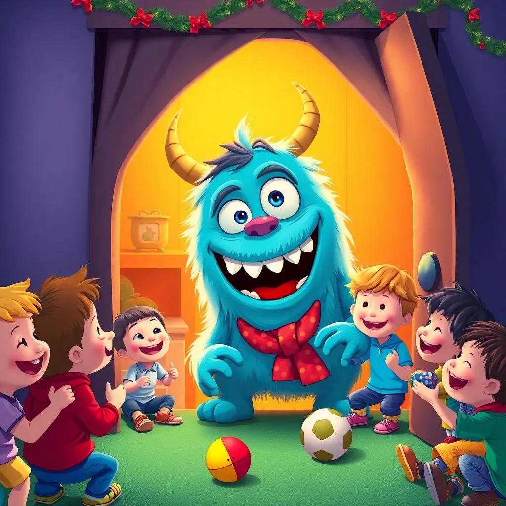 Bruno, the friendly monster, emerging from the closet with a joyful expression, surrounded by laughing children playing games, bright colors, festive atmosphere, detailed digital art, heartwarming
