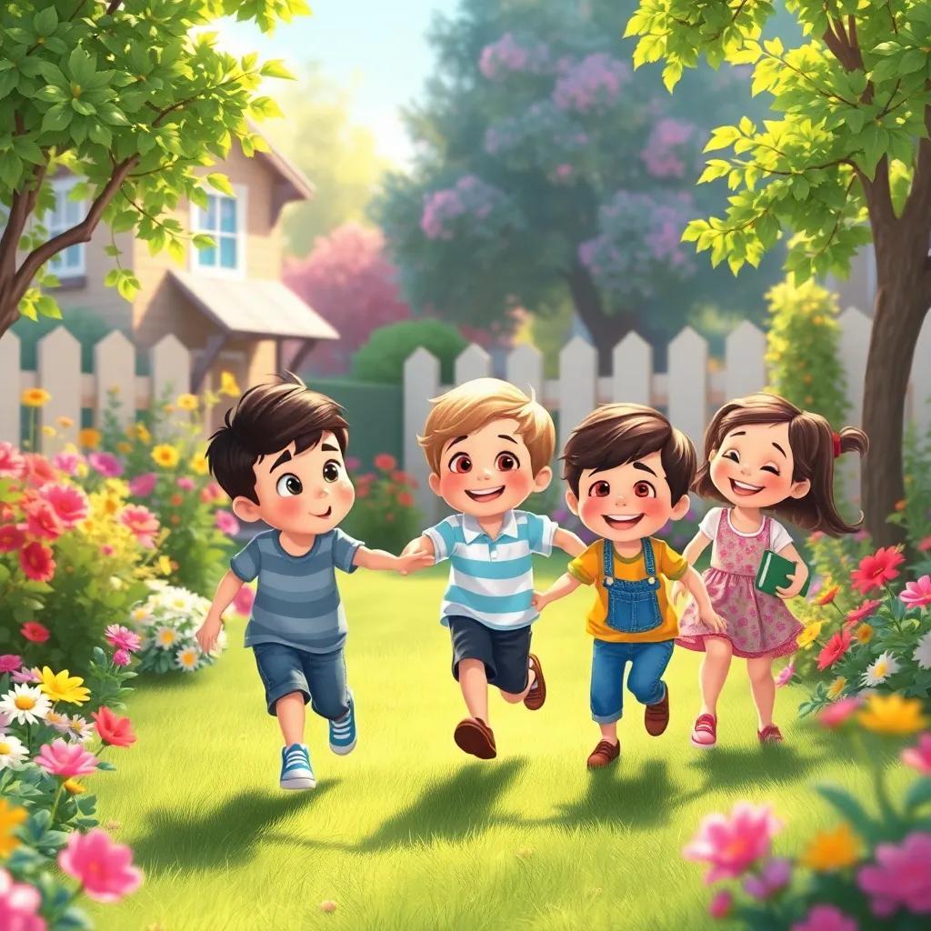 The children and Bruno playing tag in a colorful backyard, everyone smiling and laughing with flowers and trees around, soft sunlight, cheerful mood, vibrant illustration, magical realism