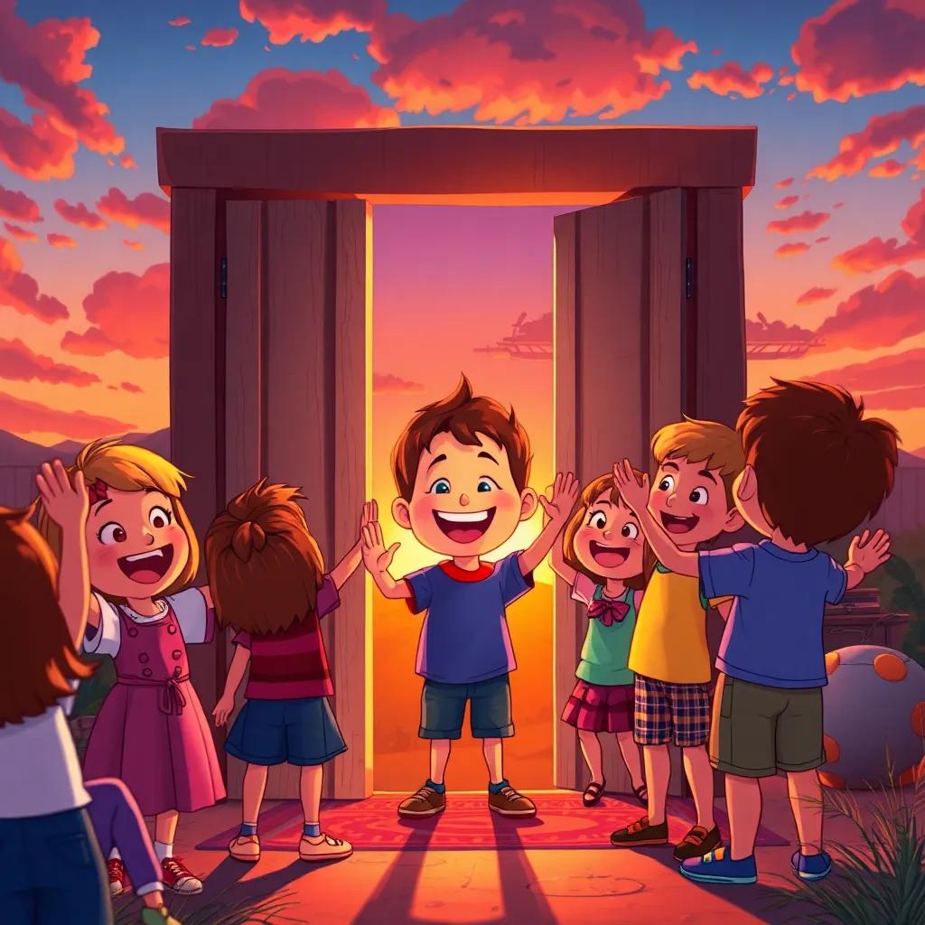 A joyful scene at sunset, the children waving goodbye to Bruno, who is still peeking out of the closet, filled with warm colors and smiles, happy atmosphere, detailed art, uplifting