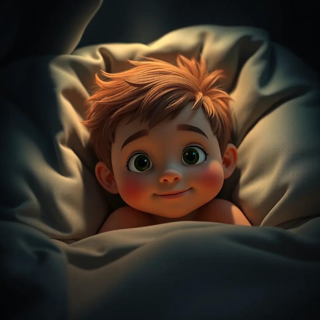 Un niño llamado Carlos, con cabello castaño y piel clara, asomándose debajo de una cama oscura, donde hay un pequeño monstruo peludo con ojos brillantes y una gran sonrisa, habitación tenue con juguetes desordenados, detallado, acogedor, iluminación suave, colores cálidos
