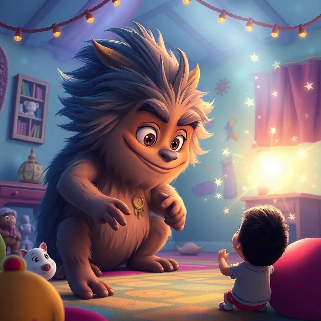 Coco, el monstruo peludo, usando su magia para hacer brillar los juguetes de Carlos en una habitación divertida y luminosa, Carlos viendo con ojos asombrados, atmósfera mágica, ilustración vibrante, detallada, mágica